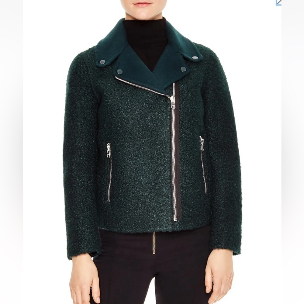 Sandro Paris Wool Moto Green Jacket Coat - Picture 5 of 16